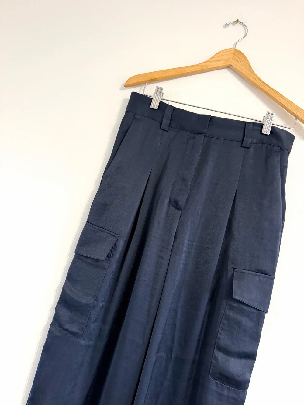 Ba&sh Cary Wide-Leg Navy Cargo Dress Pants slinky fabric